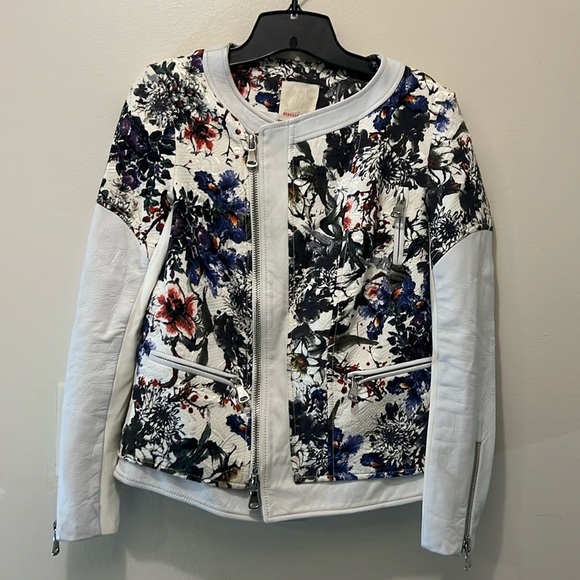 Rebecca Taylor Jackets & Blazers - REBECCA TAYLOR - SMALL FLORAL COLLARLESS LEATHER TRIM MOTORCYCLE JACKET EUC